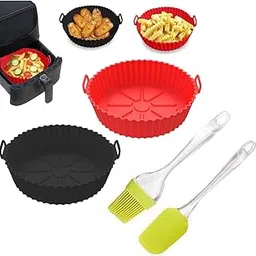 Round Silicone Air Fryer Liners with Ear Handles Red+Black | 8in Nonstick, Heat Resistant, Reusable, Multicolor Set of 2 + Oil Brush & Spatula image 1