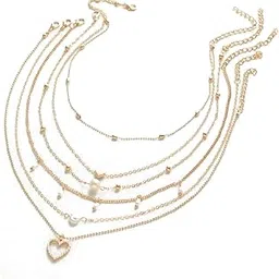 Jewellery Combo of 5 Delicate Gold Tone Pearls Heart Multi Layer Fashion Necklace For Women & Girls Stylish Latest-image-0