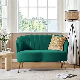 Wud Oak Modern Chesterfield Velvet Loveseat Sofa Channel Tufted 2 Seater Curved Back Sofa with Golden Metal Legs for Living Room Bedroom Hallway (Green)-picture-13
