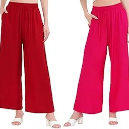 Palazzo Pants for Women Cotton Rayon Elasticated Flared Wide Leg Regular Fit M to 6XL Pack of 2-image-14