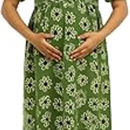 Maternity Maxi Dress, Green Floral Print, Round Neck Empire Waist, Short Sleeve, Ankle Length, Casual Summer Wear, Maternity Feeding Nighty image 1