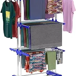 BrandFlex Foldable Cloth Drying Stand Stainless Steel – 3 Tier Heavy-Duty Clothes Dryer for Balcony, Indoor & Outdoor Use | with Wheels & Hanger Slots | Rust-Proof Laundry Rack (Blue, 3 TIRE)-image-29