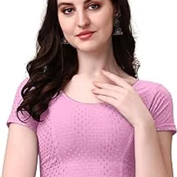 heefee Women's Round Neck Dobby Cotton Stretchable Short Sleeve Readymade Saree Blouse-picture-16