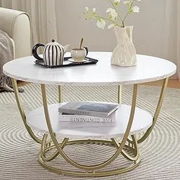 White Marble Top Round Coffee Table with Gold Metal Base, Dual-Layer Storage for Modern Living Room-image-89