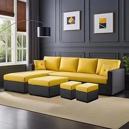 FURNY Arno 8 Seater Fabric LHS L Shape Sofa Set with 1 Centre Table & 2 Ottomans (Yellow-Dark Grey)-picture-15