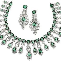 zeneme Rhodium-Plated American Diamond Studded Oval & Teardrop Shaped Necklace With Earrings Jewellery Set For Girls and Women-picture-37