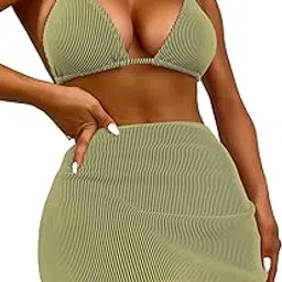 sweatyrocks Women's 3 Piece Zebra Striped Bikini Swimsuit Set & Beach Skirt Set Bathing Suit, Olive Green, X-Large-picture-30