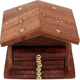 generic Maharaja Craft Wooden Drink Coasters with Holder, Set of 6, Rustic Design-picture-26