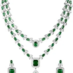 rubans Rhodium-Plated Emerald Green & White Cubic Zirconia Studded Luxe Layered Necklace Set-picture-52
