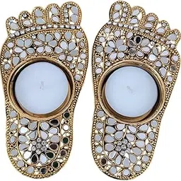 Prisma collections Lakshmi paduka with Candle Holder in Lakshmi paduka Shape, Brass with Golden kundan Work 13 * 7 cm-image-0
