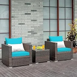 LOCCUS All Weather Resistant Rattan Wicker 3 Piece Outdoor Patio Bistro Set for Balcony, Garden, Lawn, Poolside (Dark Brown & Sky Blue),-image-24