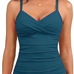 yonique Women's Tankini Top Swimwear Twist V Neck Swimsuits Tummy Control Bathing Suits Top Only, Enamel Blue, M-picture-33