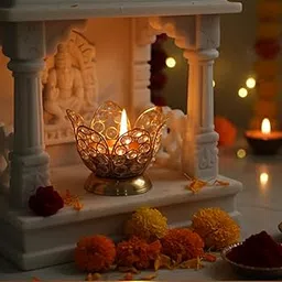 Brass Lotus Crystal Bowl Diya for Pooja, Home Decor & Festival Decoration – 340g, H-10.5cm, W-13cm-picture-20