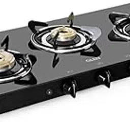 Glen 3 Burner Toughened Glass Top | LPG Gas Stoves with Fuel Efficient Brass Burners | Black | ISI Certified| Fixed Stainless Steel Drip Trays | Auto Ignition (CT1033GTXLBBBLAI) image 1