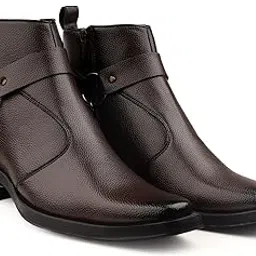 Men's 2 Inch Block Heel Height Increasing Faux Leather Material, Casual Formal Slipon Ankle Boot With Silver Chain Detail-image-15