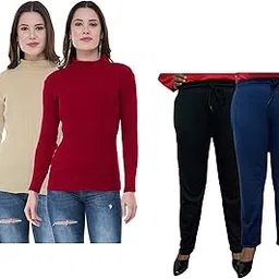 indiweaves Women Winter Wear Combo Pack- Full Sleeves High Neck/Skivvy and Fleece Warm Lower/Track Pants Pack of 4-picture-31