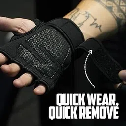 Workout Gloves Leather Full Wrist for Men, Black, Fingerless Gym Training Gloves with Wrist Support (S)-picture-13