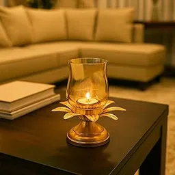 Market99 Metal Lotus-Shaped Tealight Holder|Golden Lotus Design with Glossy Metal & Luster Glass, Ideal for Festive Decor, Living Room Highlights, Table centerpieces, or Gifting on Special Occasions-picture-14