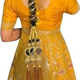 PRAAJKA Traditional Paranda Hair Braid Tassels with Mirror Work, Gold, Hair Accessory for Women & Girl Heavy Design Hair Extension Choti Braid Tassles-picture-24