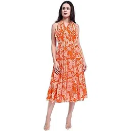 purvaja Women's Fit & Flared Midi Length Sleeveless V-Neck Printed Dress-picture-34