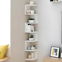 Elcom® Handicrafts Wall Shelf Zig Zag 7 Tier | Modern Wooden Corner Wall Shelf for Living Room, Bedroom & Office | Floating Rack for Books, Plants & Decor | Space Saving Wall Mount Stand White Finish-picture-12