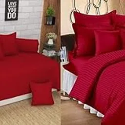 Castiqa Stripes Pattern Satin Fabric Combo of Double Bed Sheet Set and Same Diwan Blend Set (Maroon)-image-2