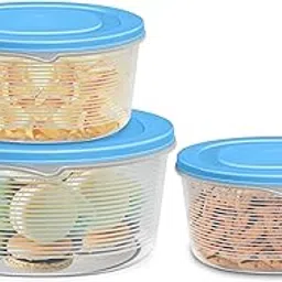 MILTON Store IT Round Plastic Food Storage Container with Air Tight Lids, Set of 3 (1 Ltr, 2 Ltr & 3 Ltr) Fridge Boxes, Multipurpose Leakproof Box for Vegetable Snacks Kitchen Bowl, Blue image 1