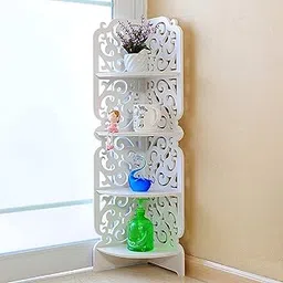 Device Bas with BROWN ART SHOPPEE 4 Tier Corner Shelf Shelving Unit Carved Corner Shelf Unit Wood Plastic Composite Storage Organiser Rack For Home Office Bedroom Bathroom Living Room, White-picture-26