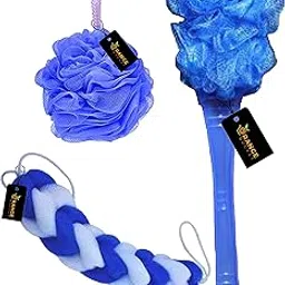 Bath Combo Back Scrubber Bath Belt Long Loofah + Round Loofah + Handle Loofah For Men And Women (1 Piece Each) (Blue) image 1