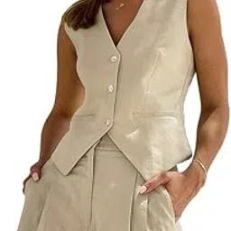 do & bee Beige Vest Coat | Cream Sleeveless V-Neck Fitted Office Wear in 100% Sustainable Cotton |-picture-18