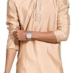 vastramay Men's Cream Silk Blend Kurta I Jacquard Embroidery Knee Length Kurta I Fastive Party Wedding Traditions Kurta-picture-35