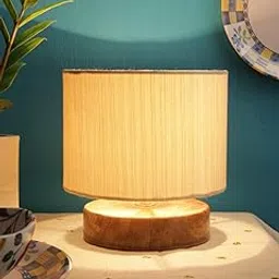 Devansh Off White Cotton Shade Lamp with Natural Wood Basefor Decoration/Office/Home/Gifting/Study for Decoration/Office/Home/Gifting/Study -(7x7x7) Inches --image-18