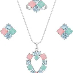 Heart Stone Jewellery Set for Women | Multicolor Pendant Necklace with Earrings and Ring | Wedding Engagement Festival Collection-picture-29