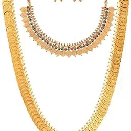 zeneme Gold Plated Long Traditional Haram Necklace and Red Temple Coin Choker Necklace with Earring Jewellery Set For Women & Girls-picture-38