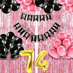 74th Birthday Decoration items for Girls with Black and Pink Balloons, Black Happy Birthday Banner, Pink Foil Curtain, Foil Balloon number 74-picture-12