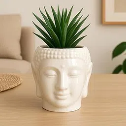 ThinKraft Buddha Head Planter, 12 cm Ceramic Plant Pot, Glossy Blue, Decorative Indoor Garden Container (White)-picture-28