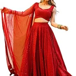 Woman's Wonderful Red Sequins Georgette Sangeet Wear Lehenga Choli-image-5