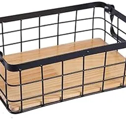 Merishopp Dual Ear Rectangular Kitchen Storage Iron Basket Wood Bottom Fruit Basket L-picture-33