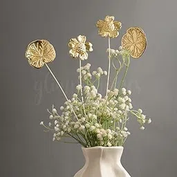 Glimpse Homes Golden Floral Metal Sticks | 18 inch Vase Fillers (2 Flower Stick + 2 Lotus Leaf Stick)-image-28