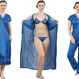 romaisa Women's Satin Solid Maxi Length Nightie, Robe, Top, Pyjama, Bra, Thong (Size - Free Size) (Nightwear Set Pack of 6)-picture-30