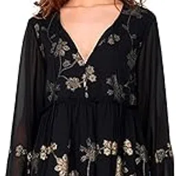 Women's Georgette Printed Top | V Neck | Floral Foil Print | Full Sleeves | Drawstring at Waist | Regular Fit | for Every Occasion | Black-image-14