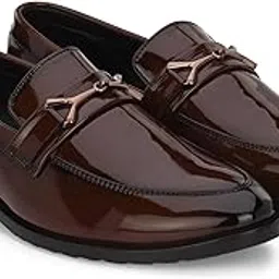 Mens Mavrin Patent Leatherite Round Toe Loafers Stylish Slip-On Formal Shoes with Metal Buckle Detail for Party & Office Wear-image-9