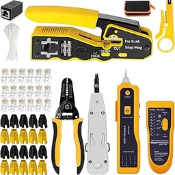 LEATBUY CAT6 Crimp Tool Kit for RJ45 CAT5, Professional Network Crimper Wire Connector Stripper Cutter, Computer Maintenance Lan Cable Pliers Tester Repair Punch Down Tool Set(YELLOW)-picture-24