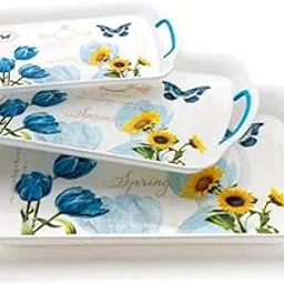 HomeWiz Kitchen Designer Serving Tray | Food-Grade, Durable Plastic with Glossy Finish | BPA-Free, Easy-to-Clean | Perfect for Tea, Coffee, Snacks, Breakfast, and Dining | Décor | Flowers in White-image-1