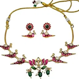 viana jewels Traditional Indian Jadau Meenakari Lotus Hasli Choker Set, Gold Tone with Ruby, Emerald, Pearl Accents For Women and Girls-picture-25