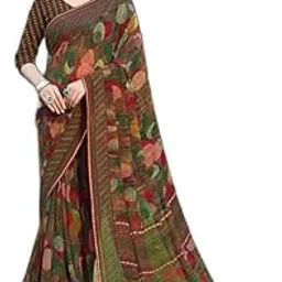 sareeve Women's Printed Fancy Leaf Print Chiffon Saree with Blouse Piece (Brown::Multicolor) (38028)-picture-21