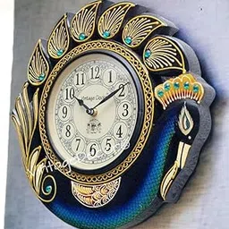 Vintage Clock Handicraft Peacock Blue Wood Analog Wall Clock/One Year Warranty, 34 cm x 10.5 cm x 34 cm - Black-picture-24