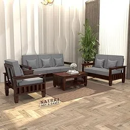 NATRAJ ART & CRAFT Sheesham Wooden 6 Seater Sofa Set for Living Room | Rosewood 6 Seater Cushion Sofa Set with Side Newspaper Holder for Home & Office (Walnut, 3+2+1 Seater) image 1