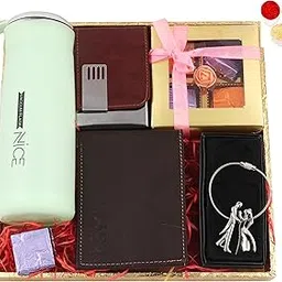 Bhai dooj Gift Set for Brother/bhai dooj Gift Hamper for Brother/bhai dooj Gift-Tray+Chocolate Box+Wallet+Metallic Card Holder+Water Bottle+Roli chawal chandan-picture-25