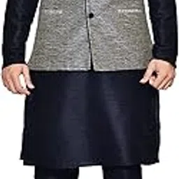 uri and mackenzie Men's Dupion Silk Black Matching Kurta Chudidar Pyjama with Jacket ethnic Waistcoat (46, Grey)-picture-47